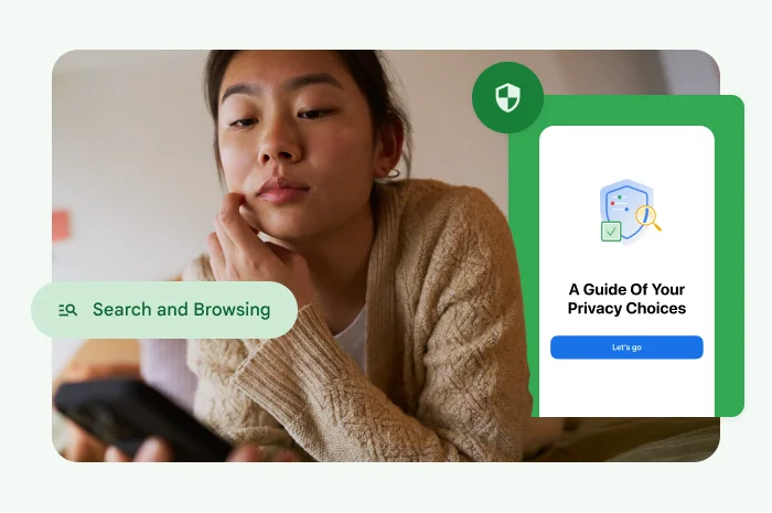 A woman touches her face and looks at her phone.