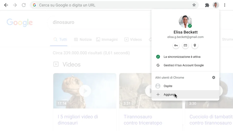 Finestra del browser Chrome con la finestra di dialogo Profilo aperta.