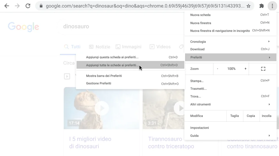 Finestra del browser Chrome con una finestra di dialogo in cui è mostrata l'opzione Aggiungi tutte le schede ai Preferiti.