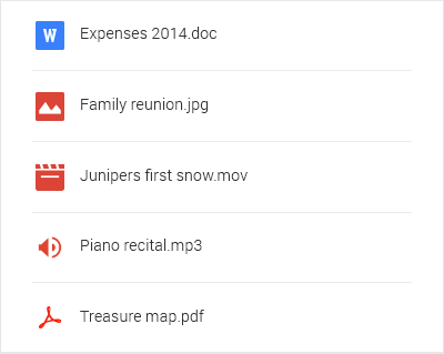 「Google 雲端硬碟」檔案類型清單，包含圖片、文件和音樂